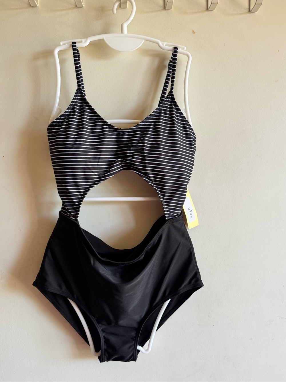 Striped Black & White Cutout One-Piece Swimsuit. Size M
